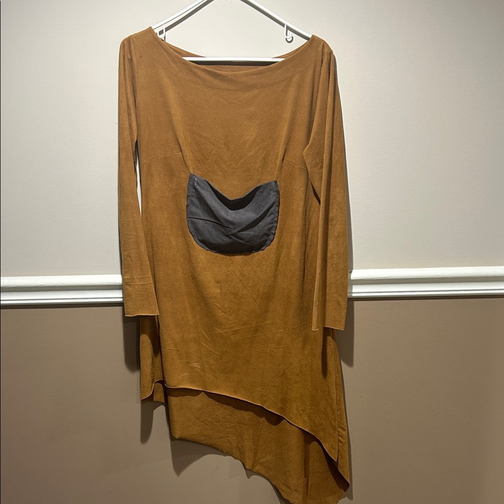 Asymmetrical Tan Dress with Gray Pocket
